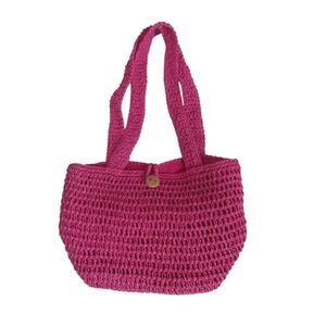 Pink Lightweight Paper Straw Crochet Wooden Button Closure Women's Shoulder Bag